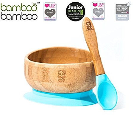 bamboo bamboo Easy Feed Baby Suction Bowl And Spoon Set, Stay Put Feeding Bowl, Natural Bamboo (Blue)