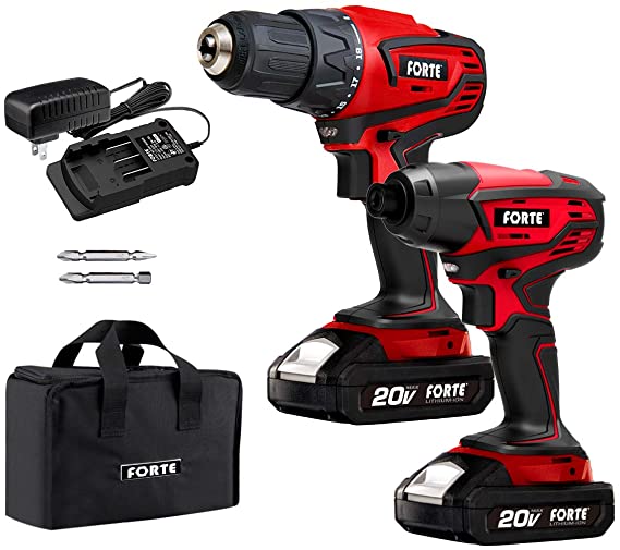 Forte Cordless Drill Combo Kit - 20V Max Drill Driver and Impact Driver Cordless Power Tool Set with 2Pcs Lithium-Ion Batteries, Charger and Storage Bag included