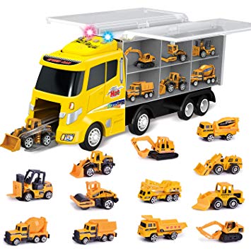 FunLittleToy 12 in 1 Die-cast Construction Truck, Toy Car Play Vehicles in Carrier Truck, Present for Kids