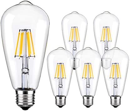 LED Edison Bulb Dimmable Vintage Style Light Bulbs 6W 5500K - 6000K Bright Daylight White E26/E27 Base 6-Pack Antique Bulb by LUXON