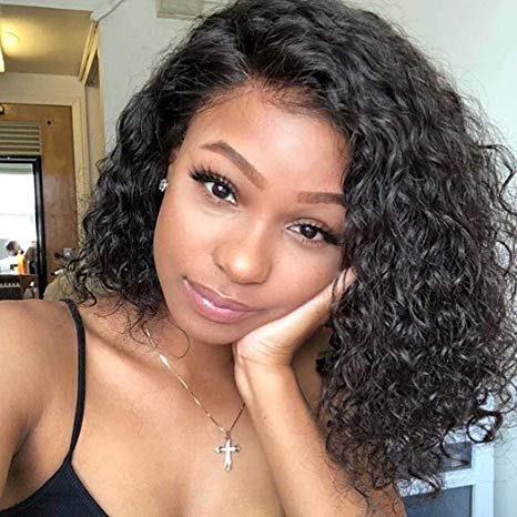 Selena Glueless Virgin Human Hair Wigs Water Wave Short Curly Lace Front Wig for Black Women Unprocessed Brazilian Water Wave Wig Pre Plucked with Baby Hair 150% Density (12 Inch, Natural color)