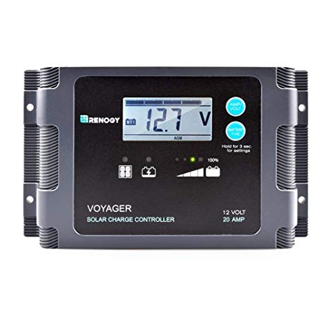 Renogy Voyager - 20A Negative-Ground PWM Controller Waterproof Solar Charge Controller w/LCD Display and LED Bar