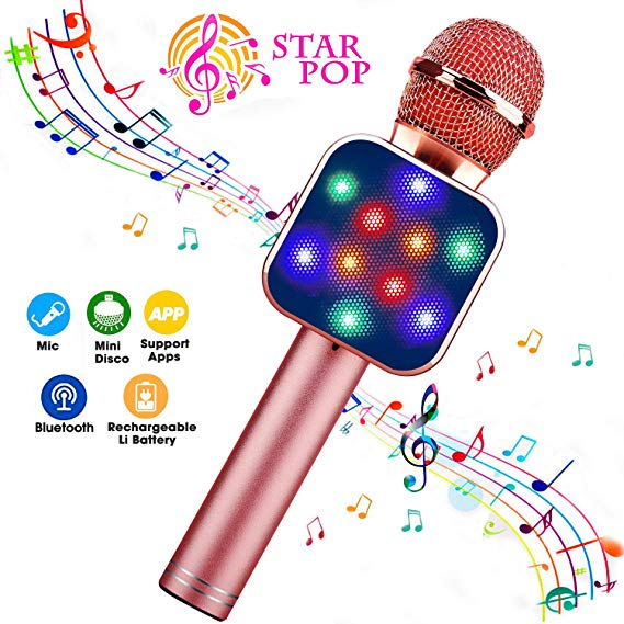 BlueFire Wireless Bluetooth Karaoke Microphone 5 in 1 Handheld Karaoke Microphone with LED Lights, Portable Microphone for Kids, Perfect Gifts Toys for 4-12 Year Old Girls Boys (Pink)