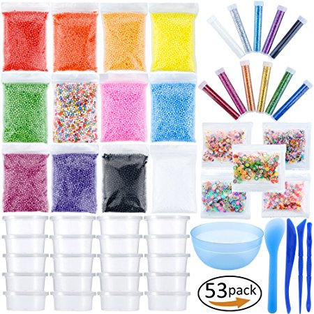 53 Pack Slime Making Kits Supplies,12 Pack Foam Balls,11 Pack Glitter Shake Jars,20 Pack Slime Containers,5 Pack Slices Accessories and 5 Packs Making Tools