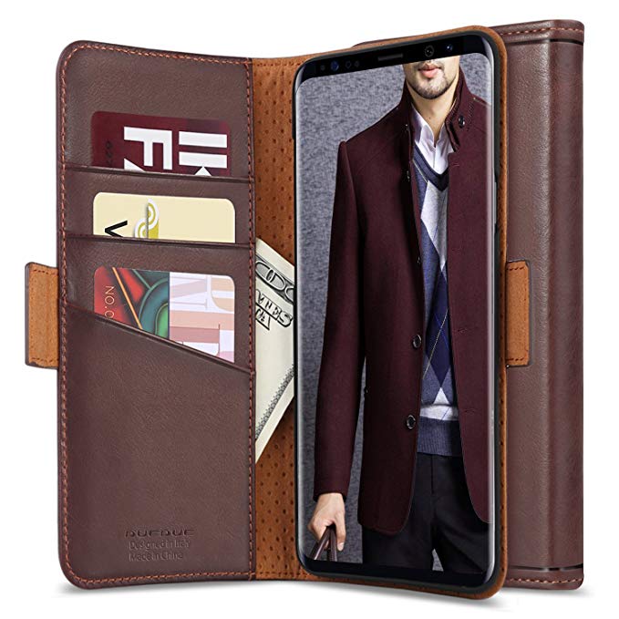 DUEDUE Samsung S8 Case,Galaxy S8 Wallet Case,Genuine Leather Magnetic Closure Folio Flip Cover with Kickstand and Credit Card Slots for Samsung Galaxy S8 - Brown