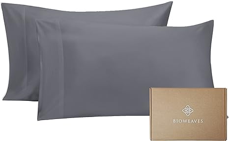 BIOWEAVES 100% Organic Cotton Pillow Cases 300 Thread Count Soft Sateen Weave GOTS Certified – Standard/Queen Size, Set of 2, Grey