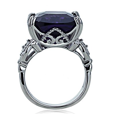 Sterling Silver Art Deco Design Cushion Cut Simulated Amethyst CZ Cocktail Ring ( Size 5 to 9 )