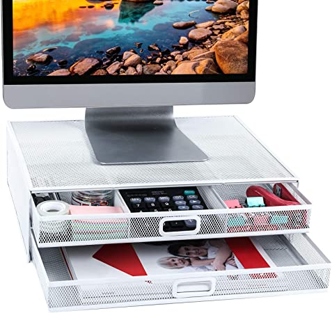 Monitor Stand Riser with Drawer - Mesh Metal Desk Organizer PC, Laptop, Notebook, Printer Holder with Pull Out Storage Drawer (White)