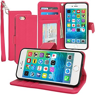 Evecase iPhone 6S Case, Book Style Wallet Folio Leather Case with Credit Card ID Pockets, Stand & Strap for Apple iPhone 6S / 6 4.7'' Smartphone (AT&T, T-Mobile, Sprint, Verizon) - Hot Pink