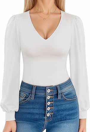 MANGOPOP Womens Bodysuit Long Sleeve V Neck Body Suit for Women Puff Sleeve Ribbed Bodysuits Shirts