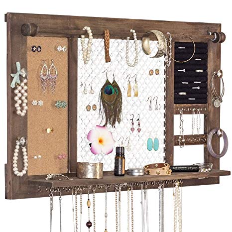 SoCal Buttercup Deluxe Rustic Wood Jewelry Organizer - from Hanging Wall Mounted Wooden Jewelry Display - Organizer for Earrings, Necklaces, Bracelets, Studs, and Accessories