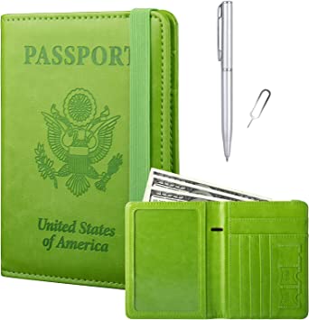 GOAUS Passport Holder RFID Blocking, Passport and Vaccine Card Holder Combo, Passport Wallet Cover Book Case Elastic Closure Green