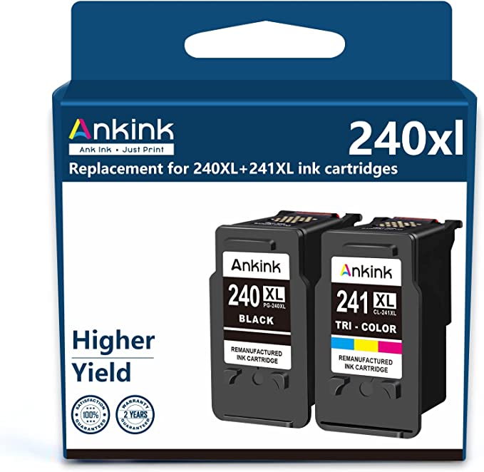 Ankink Remanufactured Ink Cartridges 240XL 241XL for Canon PG 240 CL 241 XL Black Color Combo Pack for Pixma MG3620 MG3600 TS5120 TS5100 MG3520 MG2120 MX452 MX472 MX512 Printer (1 Black, 1 Tri-Color)