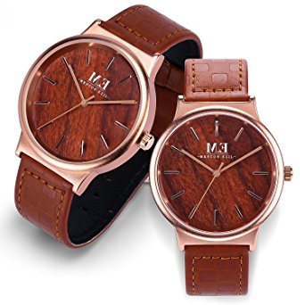 Valentines Gifts Wooden Couple Watch for women men 30M Waterproof Classic Quartz Analog Rose Gold Wrist Watches with Brown Leather