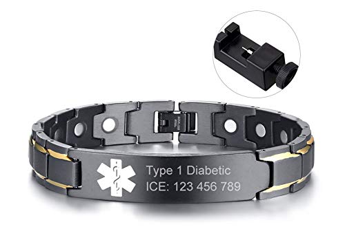 Custom Free Engraving Black Stainless Steel Magnetic Therapy Health Emergancy Medical Alert ID Bracelets for Men Dad,8.6"