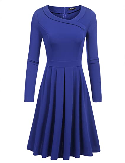 ACEVOG Women's Long Sleeve Round Neck Pleated Swing Casual A-Line Fit and Flare Midi Skater Dress