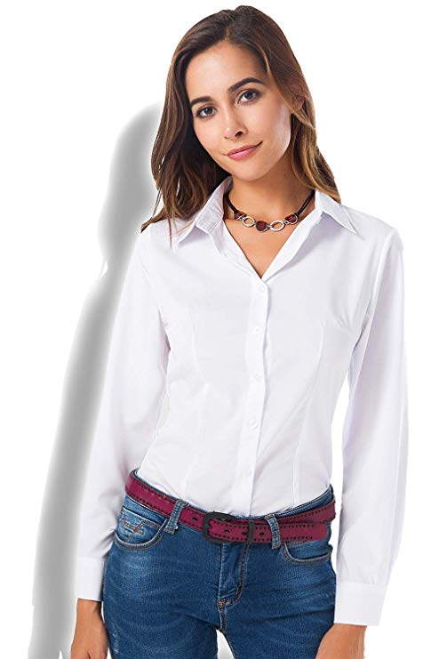 Atnlewhi Womens Basic Long Sleeve Button Down Shirts Simple Pullover Stretch Formal Casual Shirt
