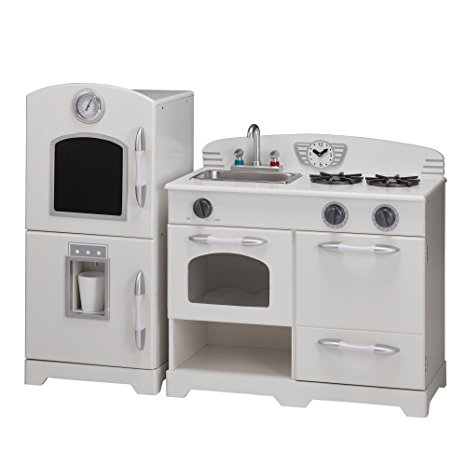 Teamson Kids - Retro Wooden Play Kitchen with Refrigerator, Freezer, Oven and Dishwasher - White (2 Pieces)