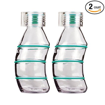 Set Of Two 12oz Curvy Reusable Glass Bottles 100% Recyclable - Funky Design With Clear Lid & Matching Silicone Stopper By Consol