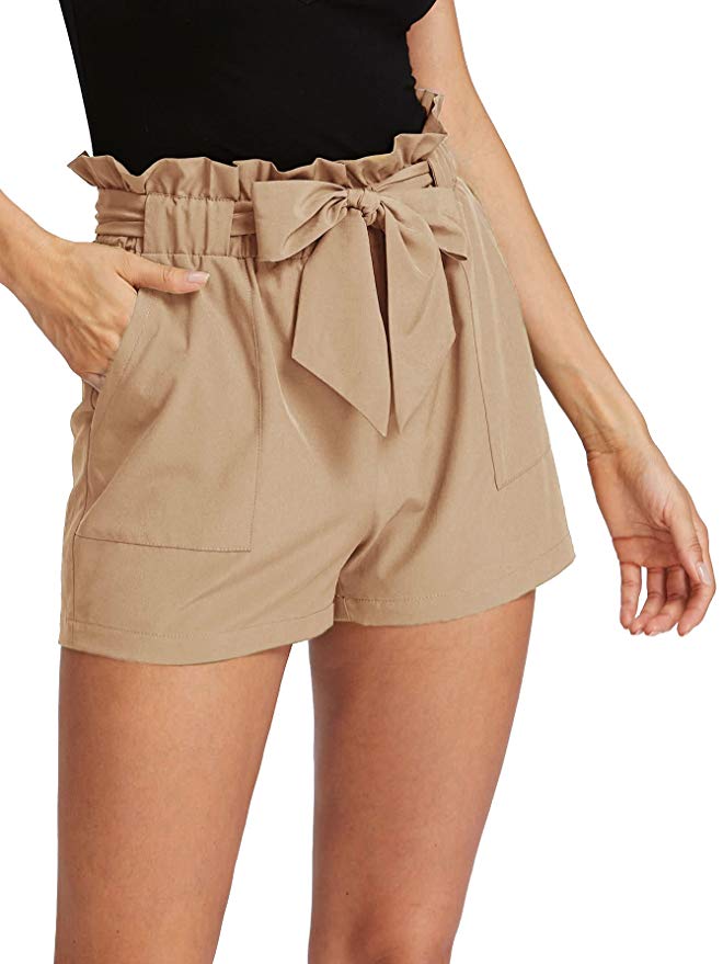 Romwe Women's Casual Elastic Waist Bowknot Summer Shorts with Pockets