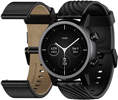 Moto 360 3rd Gen 2020 - Wear OS by Google - The Luxury Stainless Steel Smartwatch with Included Genuine Leather and High-Impact Sports Bands - Phantom Black