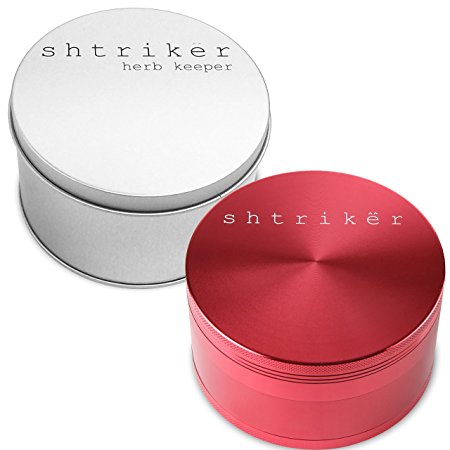 Shtriker Herb Grinder 3.0" - Tobacco Spice Crusher Grinder 4 Piece with Pollen and Kief Catcher, Including Tobacco Herb Tin Box (Red, Extra Large Grinder)