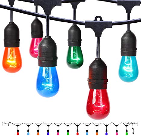 Outdoor String Lights with Colored Bulbs, 24ft Patio Lights, 12 Sockets and 15 Multicolor S14 lightbulbs, Waterproof and Connectable, Ideal décor lights for Christmas Wedding Party Deck Cafe Camping