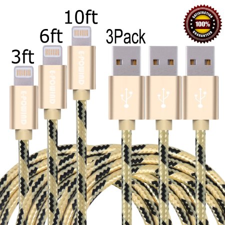 E-POWIND 3PCS 3FT 6FT 10FT 8Pin Lightning Cable Nylon Braided Extremely Extra Long Charging Cable USB Cord for iphone 6s, 6s plus, 6plus, 6,SE,5s 5c 5,iPad Mini, Air,iPad5,iPod on iOS9.(gold black).