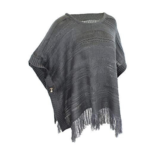 Winter Knit Fringed Pullover Sweater Poncho in Black, Gray, Burgundy and Khaki