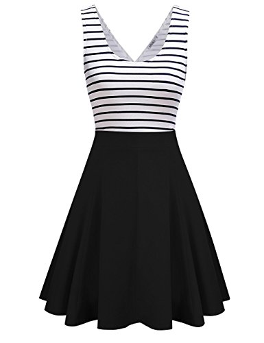 MISSKY Women's Open Back Sleeveless Sexy Hollow out Slim Fit Black White Stripe Casual Cocktail Cute Mini Swing Dress