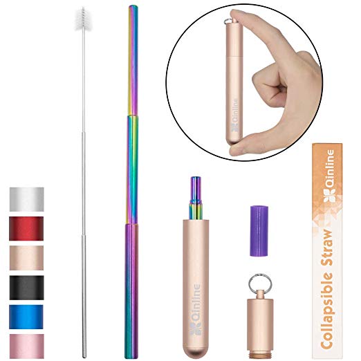 Reusable Collapsible Straw, Rainbow 9.25”Portable Drinking Straws, Telescopic Stainless Steel Metal Straw with Rose Gold Case for 12oz/20oz/30oz Cups to Drinking Coffee, Smoothies, Juice, Milkshake