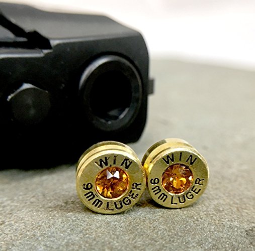 9mm Bullet Earrings Brass shell Casings in Swarovski Topaz