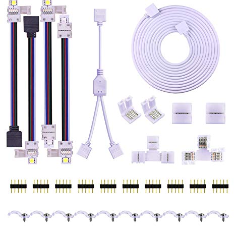 5PIN LED Strip Connector Kit - 10mm 5050 RGBW LED Connector Kit Include 9.8FT Extension Cable, Strip to Strip Jumper, Strip to Power Jumper, 2 Way Splitter, L Shape Connector, Gapless Connectors