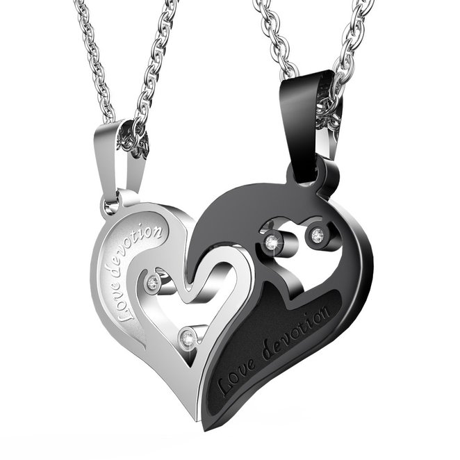 His and Hers Heart-shape Love devotion Stainless Steel Couple Pendant Necklace Black and Silver