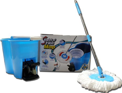 Swirl n Twirl Mopreg 360 Spinning Mop and Bucket System with Complete Swivel Rotating Magic Mop Dry or Wet Microfiber Super Absorbent Bonus 2 Mop Heads