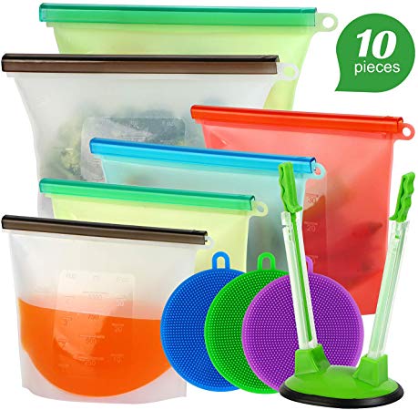 Reusable Silicone Food Storage Bags Airtight Seal Food Preservation Bags Grade Silicone bags for Vegetable Snack Sandwich 2x Large 50oz, 4x Media 33oz,1x bag holder, 3x Silicone dishwashing brush