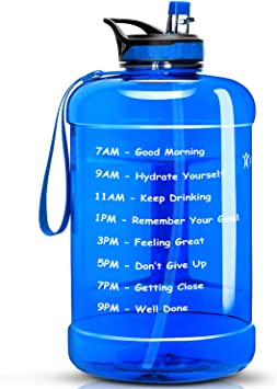 Favofit 1 Gallon Water Bottle with Time Marker, 128 oz Extra Large Motivational Water Bottle with Straw, BPA-free plastic, Reusable, Easy Sipping for Outdoor Sports/ Fitness/ Gym, Blue
