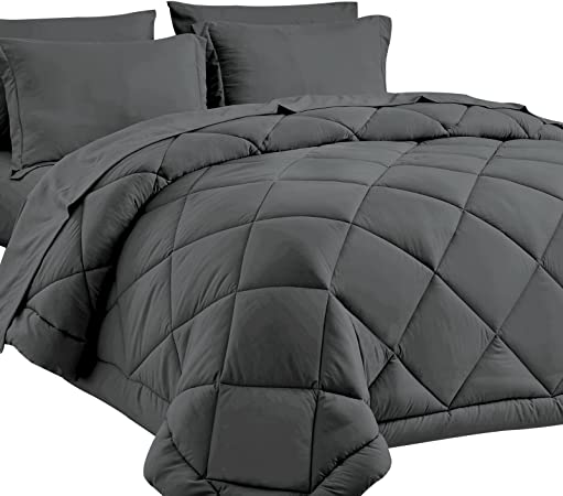 CozyLux Full Comforter Set with Sheets 7 Pieces Bed in a Bag Dark Grey All Season Bedding Sets with Comforter, Pillow Shams, Flat Sheet, Fitted Sheet and Pillowcases