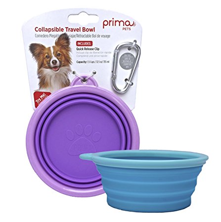 Prima Pet Collapsible Silicone Food & Water Travel Bowl with Clip for Dog and Cat, Sizes Available: SMALL (1.5 Cups) & LARGE (5 Cups)