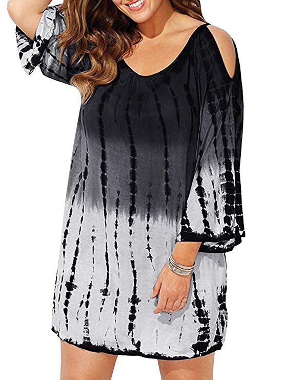 YONYWA Women Cold Shoulder Swimsuit Cover Ups Plus Size Tie-Dyed Beach Cover-ups Mini Dress