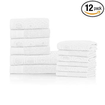 Superior’s 100% Cotton 500 GSM, Plush, Absorbent, High Quality and Durable Honeycomb Jacquard and Solid 12-piece Towel Set- White