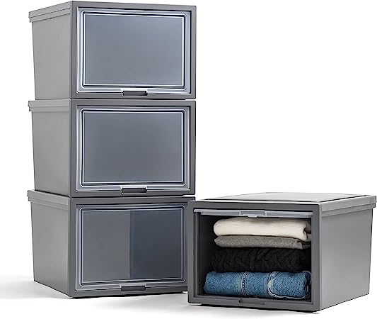 IRIS USA 42 Qt. Stackable Storage System for Clothes, Large, 4 Pack, Plastic Dresser Chest with Flip-Up Door, Great for Closet, Home, Office, Bedroom and Nursery, Dark Gray