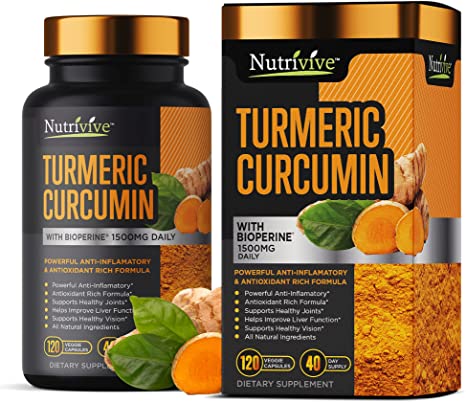 Turmeric Curcumin with BioPerine, 1500mg Black Pepper Capsules, Natural Joint & Anti Inflammatory Supplement for Joints Pain Relief & Immune Support - Turmeric Supplements by Nutrivive - 120 Capsules