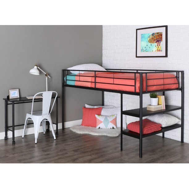 Walker Edison Twin Metal Loft Bed with Desk and Shelving, Black