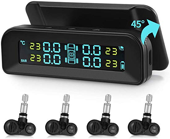 AUTOLOVER TPMS Tire Pressure Monitoring System, Universal Solar Power Universal Wireless TPMS Car Tire Pressure Monitoring System with Temperature and Pressure LCD Display, Real-time Alarm Function (Internal Sensor)