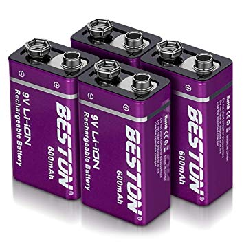 BESTON 9 Volt Rechargeable Lithium Ion Batteries with high Capacity Compatible with Smoke Alarms, Microphone, Toys’ remotes, Medical Devices, multimeter, interphone and More (4 Packs)