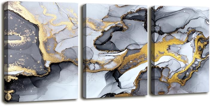 Black and White Grey Abstract Art,modern Framed Gold Fluid Ink Canvas Wall Art Prints,Wall Art for Bedroom Living Room Office Wall Decor Picture Artwork Home Decor Ready to Hang 20" X 28" 3 panels