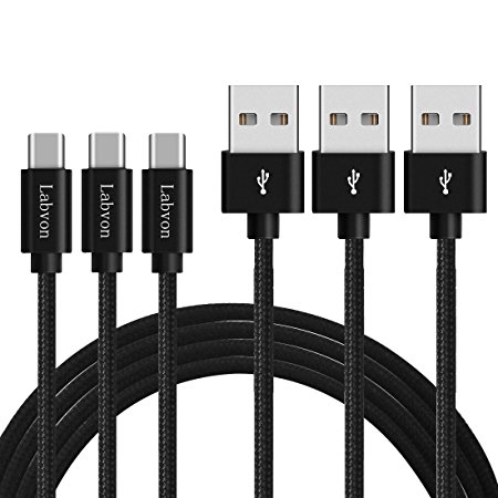 Labvon Type C Cable, 2-pack(3ft) 1-pack(6ft), USB C Data & Charging Cable, Nylon Braided, Aluminum Connector for Nexus 6P/5X, LG G5 and More Type c devices, black (black1)