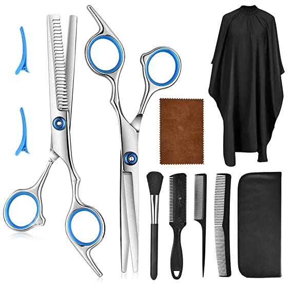 10 Pcs Professional Hair Cutting Scissors Set - HailiCare Hairdressing Scissors Kit, Hair Cutting Scissors, Thinning Shears, Hair Razor Comb, Clips, Cape for Home, Salon, Barber, Pet Grooming