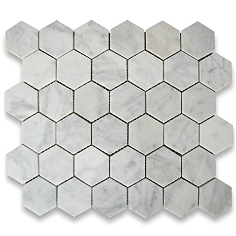 Carrara White Italian Carrera Marble Hexagon Mosaic Tile 2 inch Honed